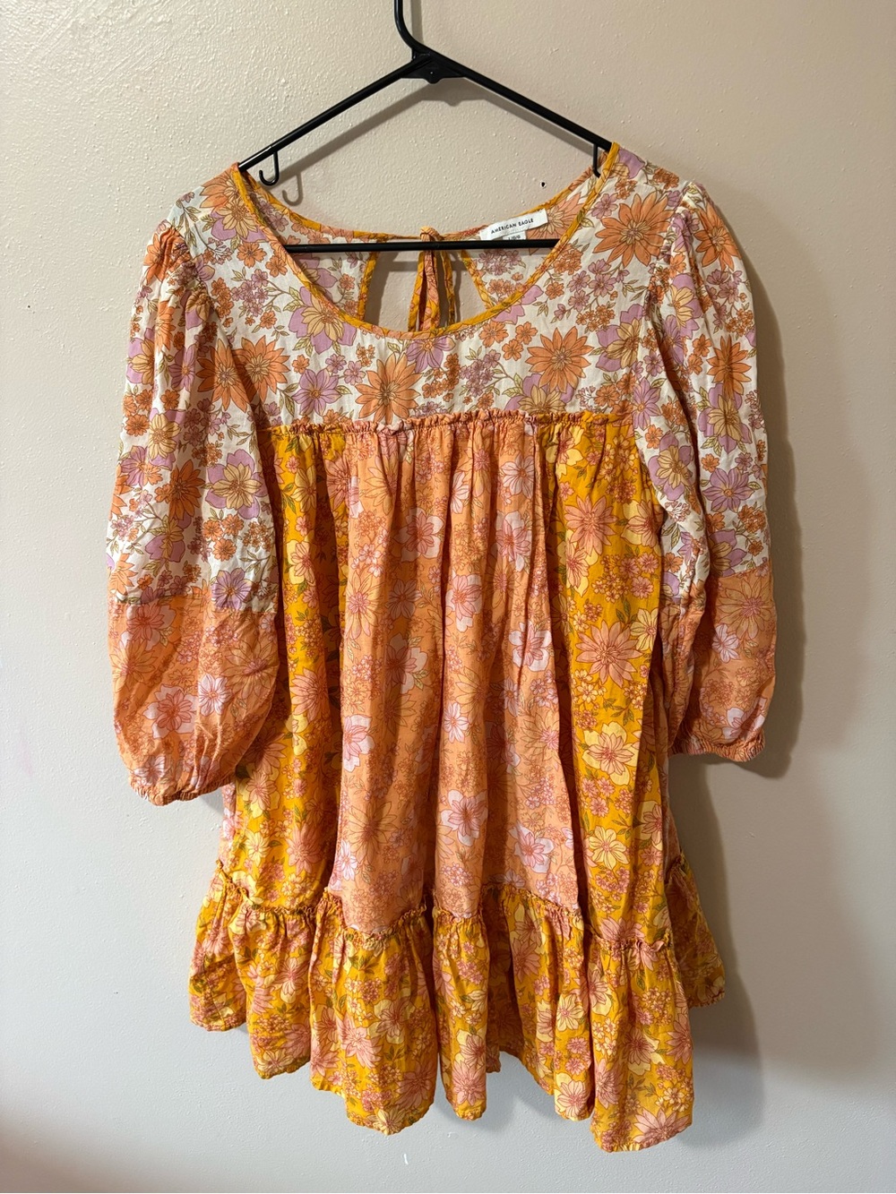 American Eagle Swing Mini Dress Womens size L orange floral puff sleeve cotton